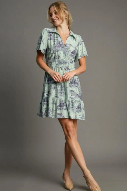 Full Size Landscape Print Collared Mini Dress Plus Size - Light Green - product view 3