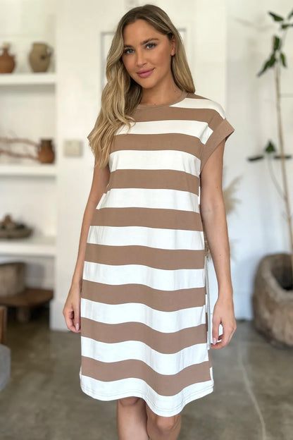 Full Size Striped Round Neck Cap Sleeve Mini Dress in Black, Camel and Dusty Blue - product view 10