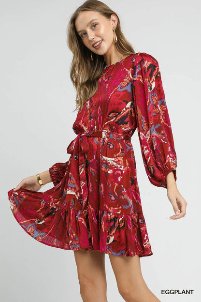 Ruffled Hem Printed Balloon Sleeve Dress in Eggplant - product view 4