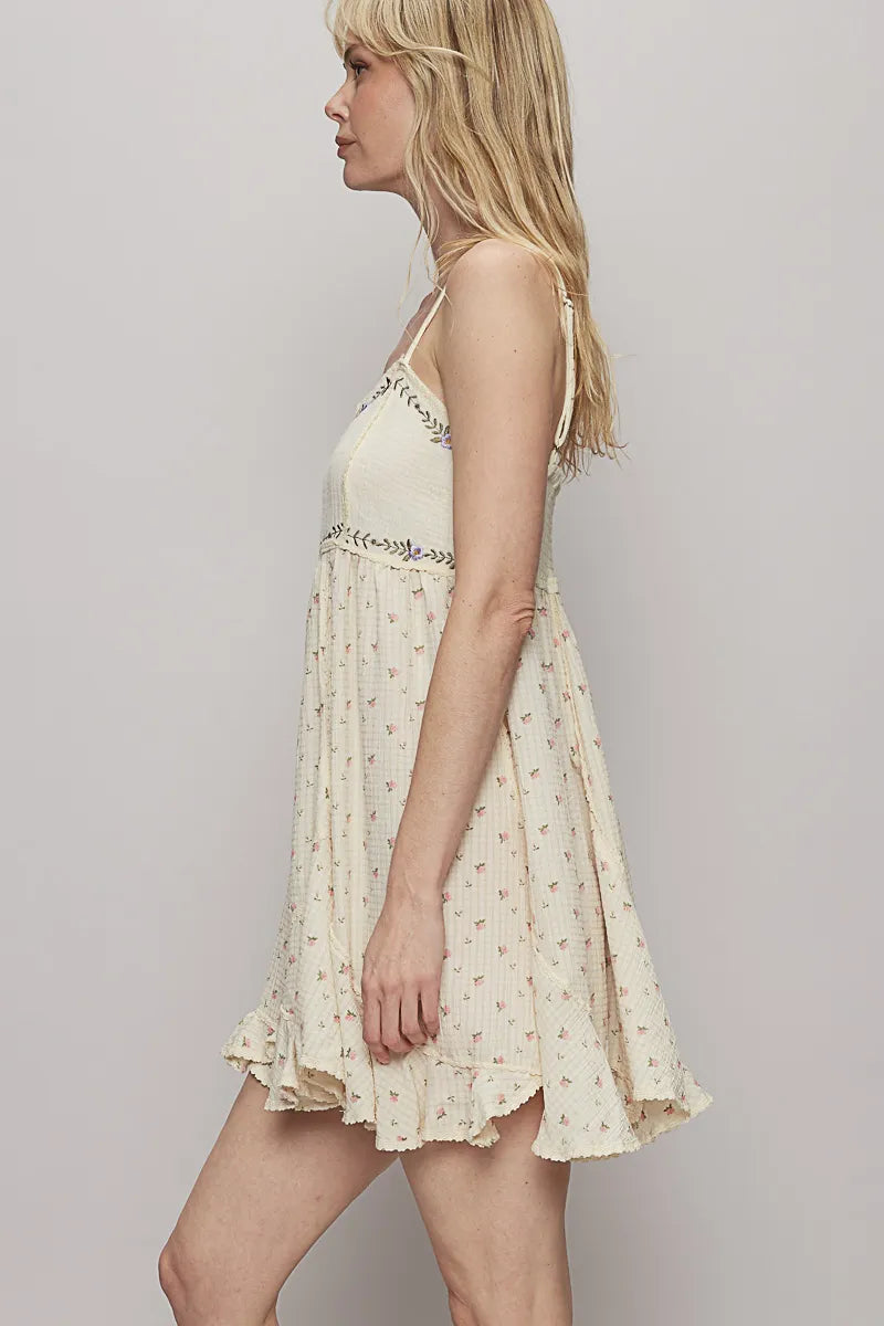 Ruffled Hem Floral Print Cami Mini Dress in Cream - product view 3
