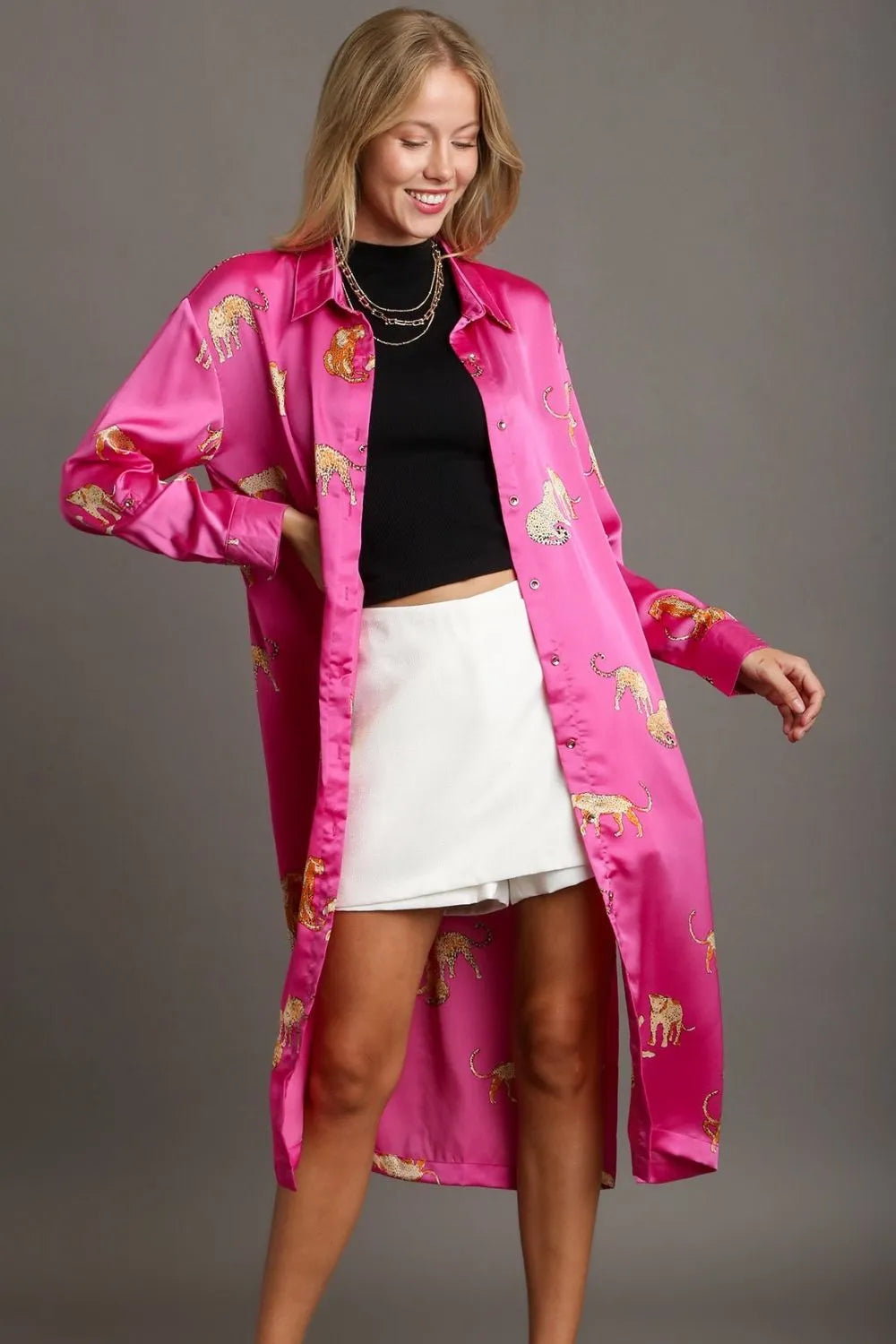 Full Size Animal Print Button Down Midi Shirt Dress Plus Size - Fuchsia Pink - product view 2