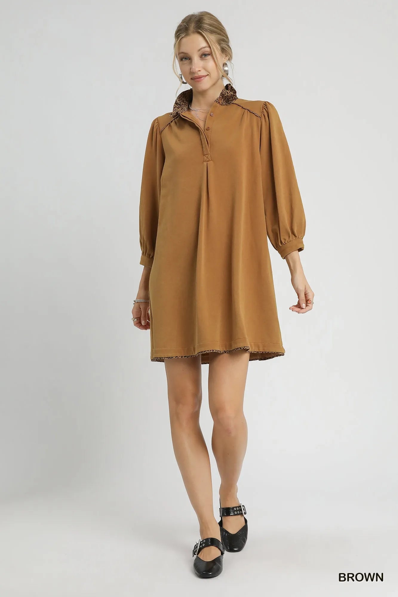 French Terry Balloon Sleeve Shift Dress with Leopard Print Detail - Brown - product view 4