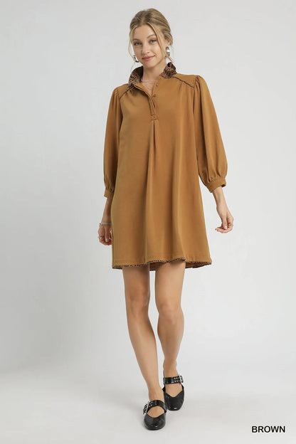 French Terry Balloon Sleeve Shift Dress with Leopard Print Detail - Brown - product view 4