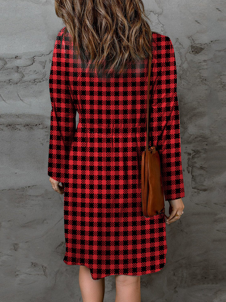 Full Size Plaid Round Neck Long Sleeve Magic Dress in Deep Red - product view 2