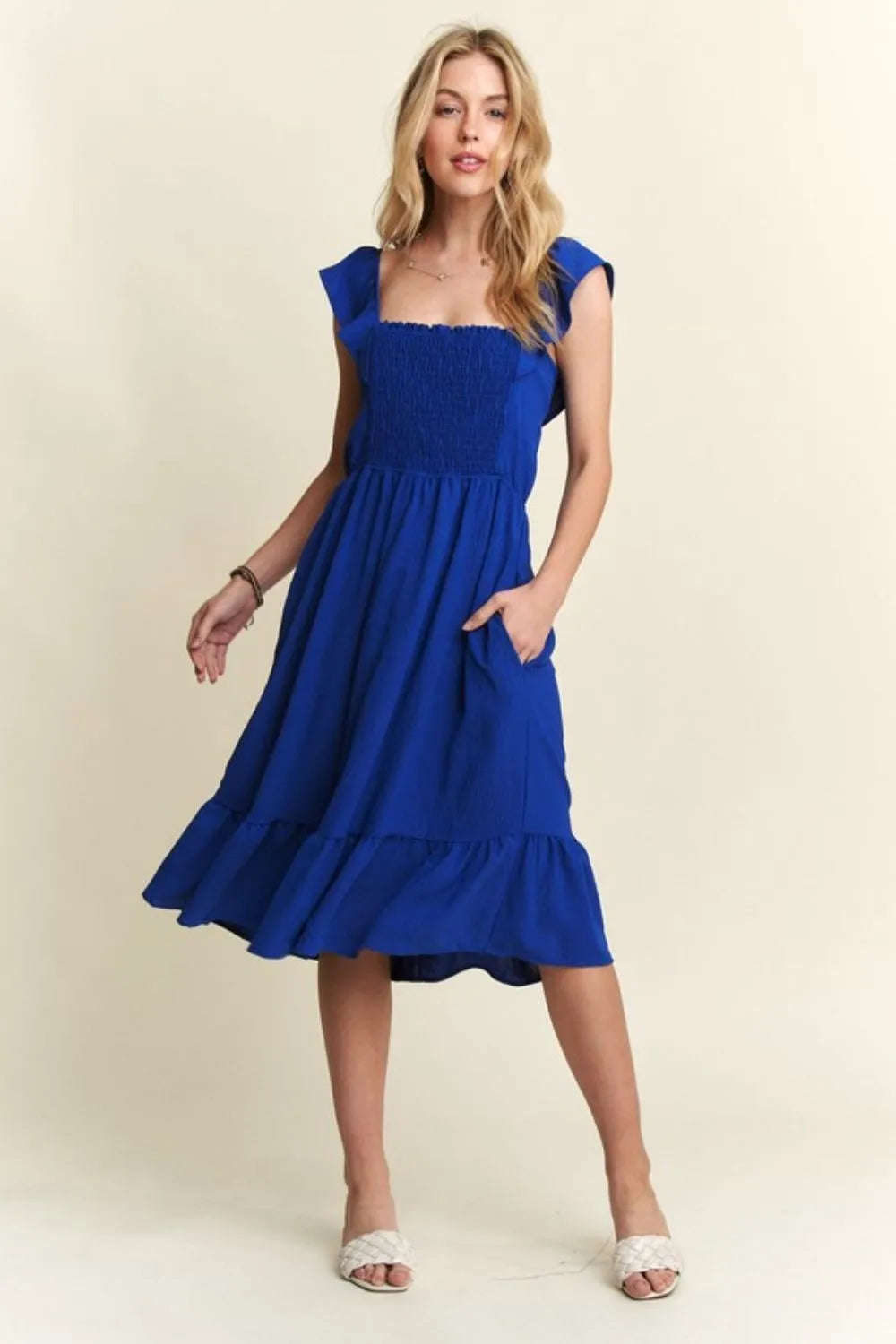 Smocked Square Neck Ruffled Cap Sleeve Dress in Royal Blue - product view 5
