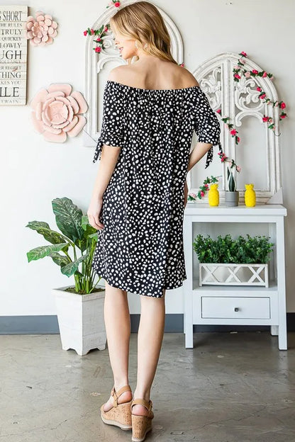 Full Size Short Sleeve Off Shoulder Animal Mini Dress Plus Size in Black/Ivory - product view 2