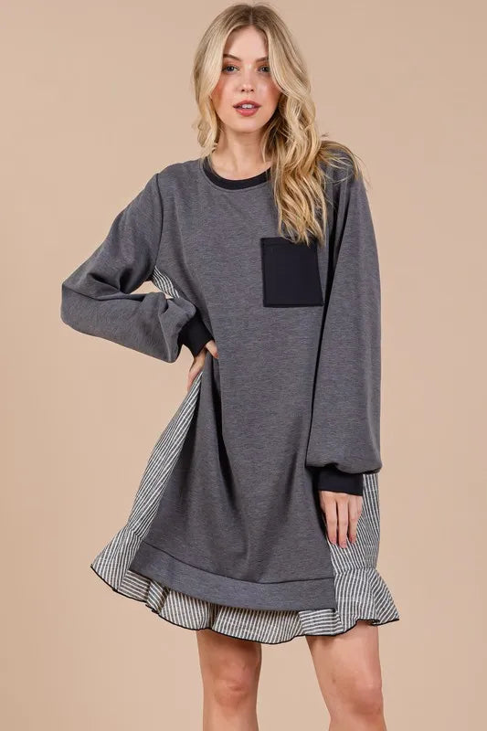 Ces Femme Striped Patchwork Round Neck Terry Sweatshirt Dress in Charcoal - product view 1