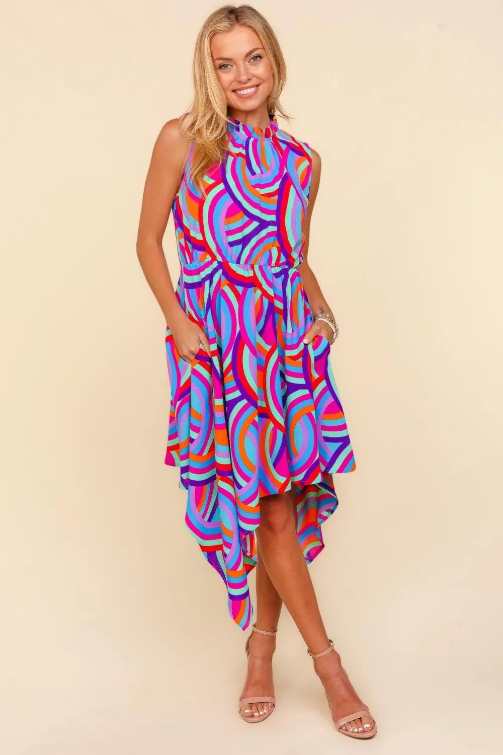 Full Size Mock Neck Sleeveless Printed Dress in Blue/Orange/Lilac - product view 4