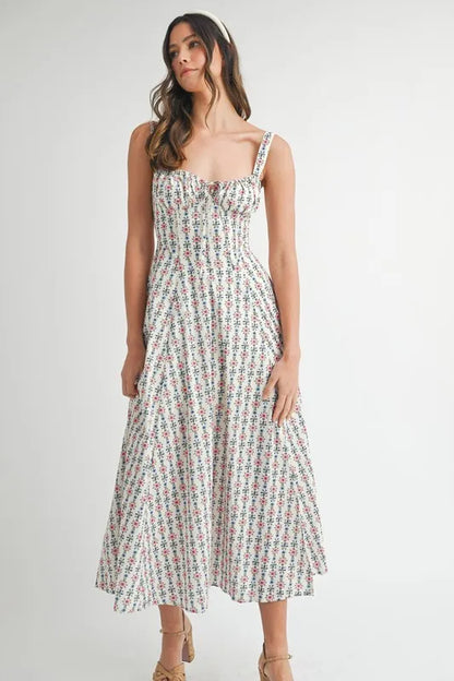 Floral Print Bustier Back Lace Up Midi Dress - Cream - product view 3