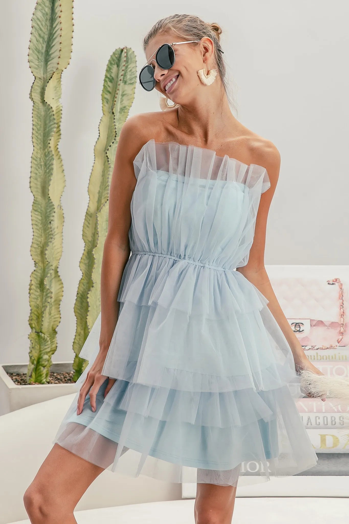 Sleeveless Layered Organza Dress in Sky Blue - product view 9