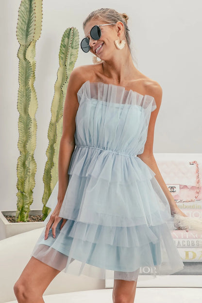 Sleeveless Layered Organza Dress in Sky Blue - product view 9