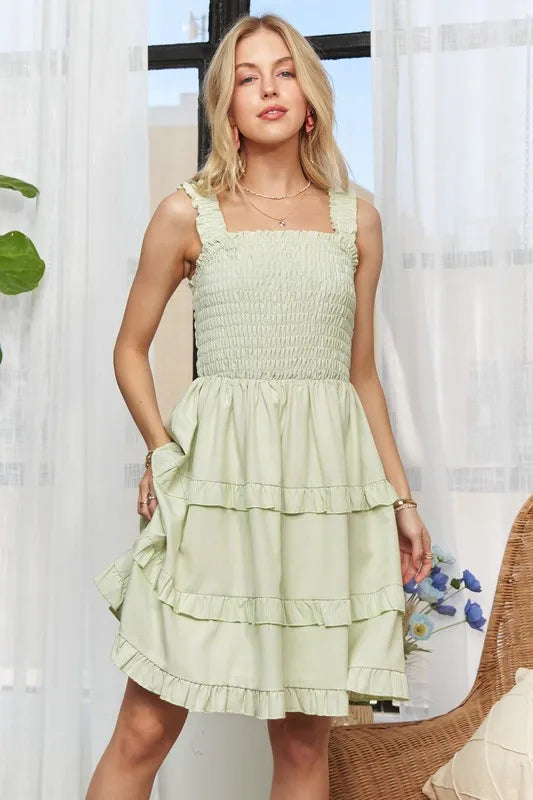 Smocked Ruffled Wide Strap Mini Dress in Sage Stripe - product view 2