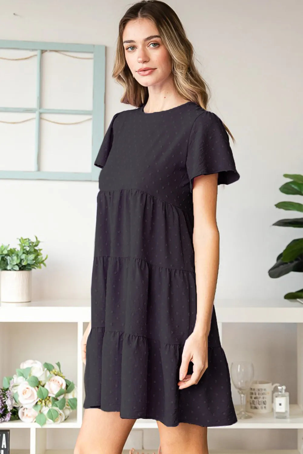 Swiss Dot Short Sleeve Tiered Dress in Black - product view 3