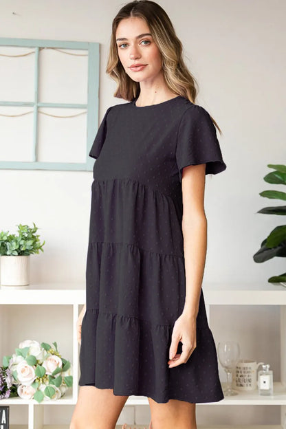 Swiss Dot Short Sleeve Tiered Dress in Black - product view 3