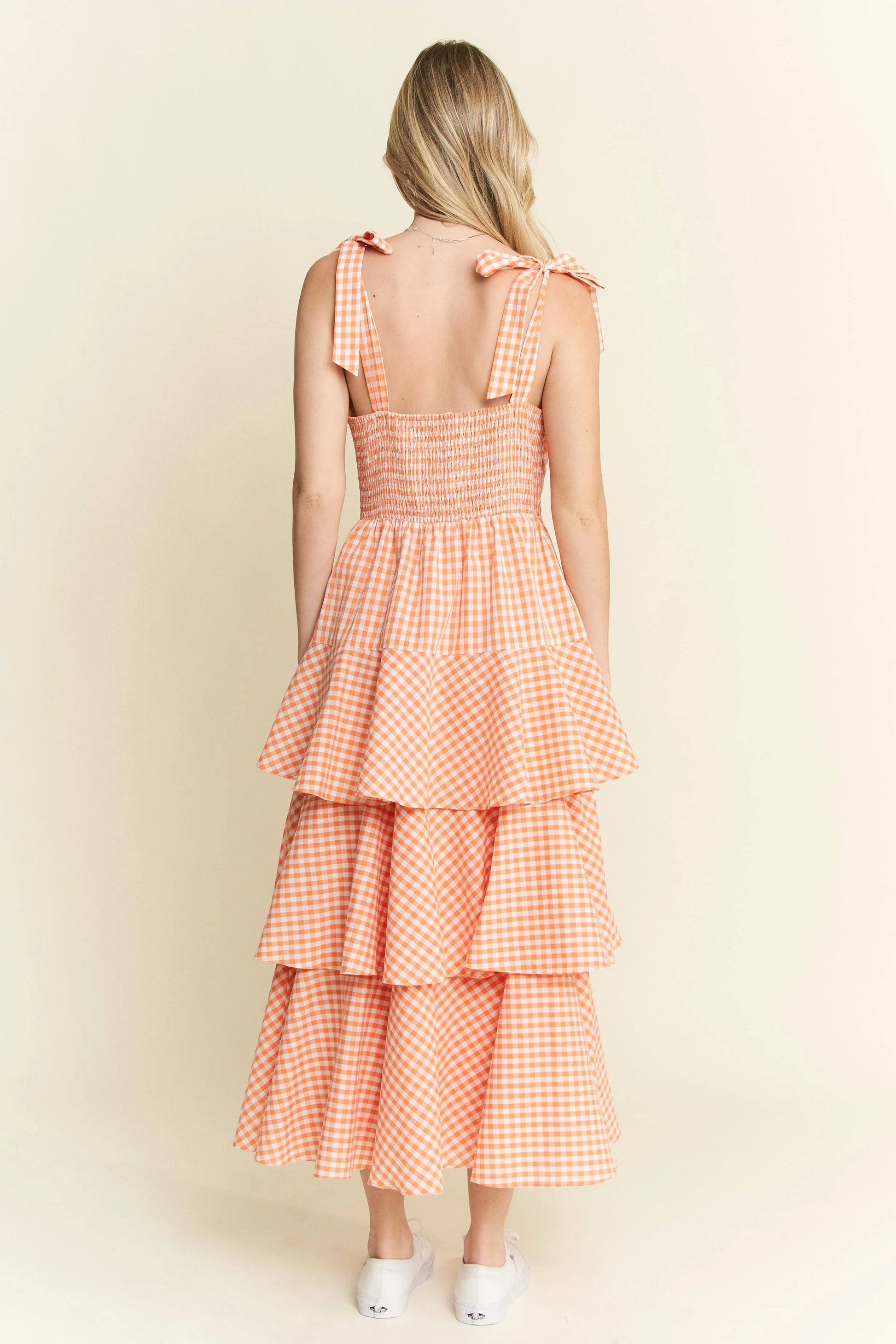 Sleeveless Gingham Print Tiered Midi Dress in Orange - product view 6