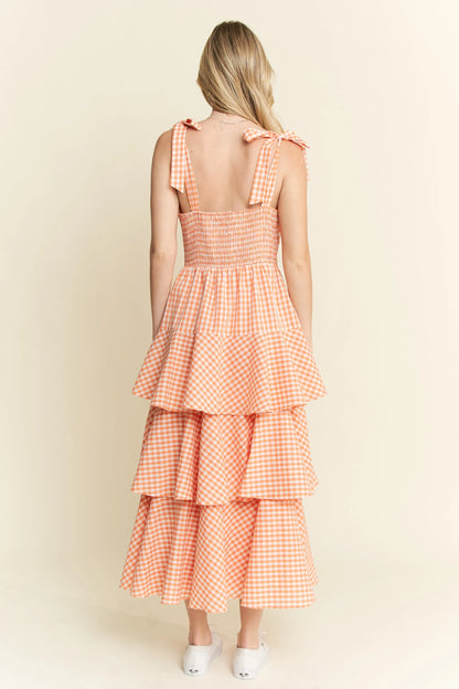 Sleeveless Gingham Print Tiered Midi Dress in Orange - product view 6