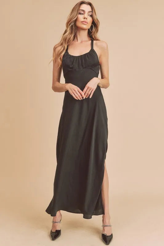 Ruched Side Slit Cutout Back Maxi Cami Dress - Black - product view 2