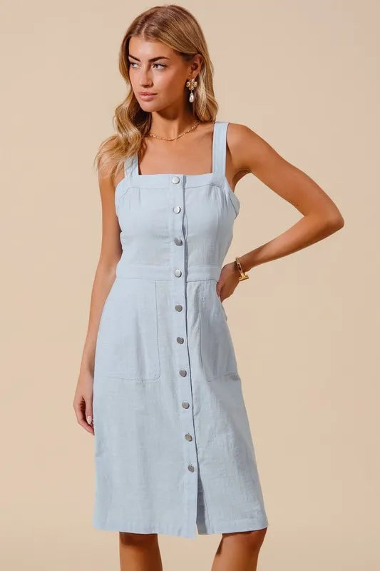 Button Down Pocket Front Pinafore Dress - Lt Denim - product view 1