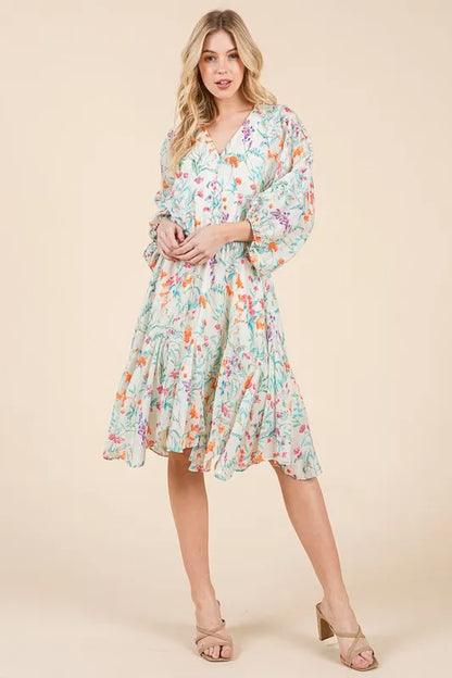 Floral Cinched Waist Balloon Sleeve V-Neck Dress in Ivory Floral - product view 14