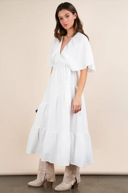 Mineral Washed Elastic Neck Detail Midi Dress in White - product view 4