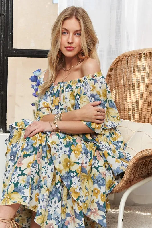 Layered Floral Off-Shoulder Short Sleeve Maxi Dress - Navy - product view 2