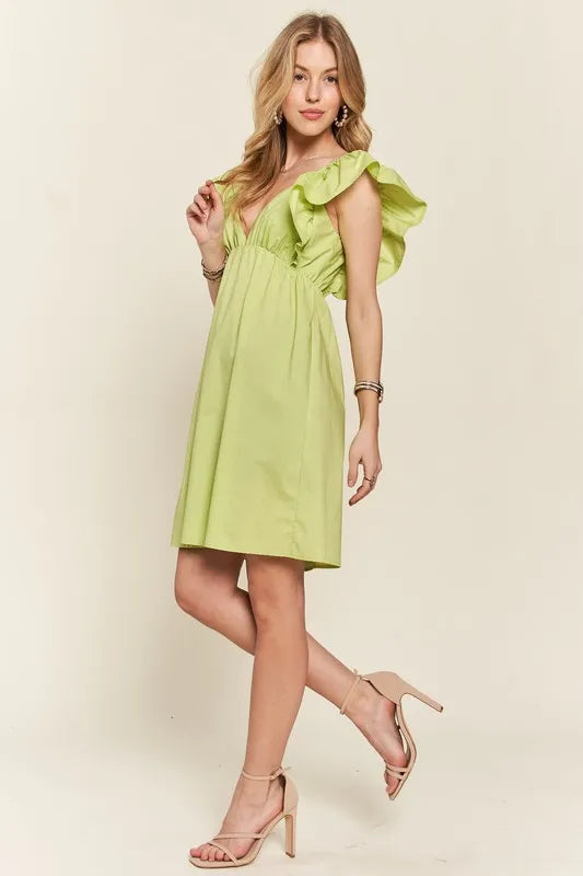 Smocked Back Ruffled Cap Sleeve Babydoll Dress in Lime - product view 6