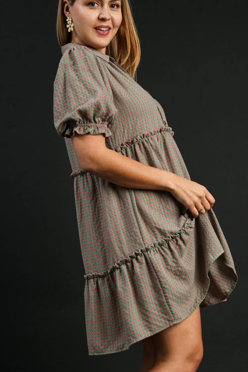 Full Size Plaid Frill Button Detail Ruffled Short Sleeve Dress Plus Size in Green/Pink - product view 4