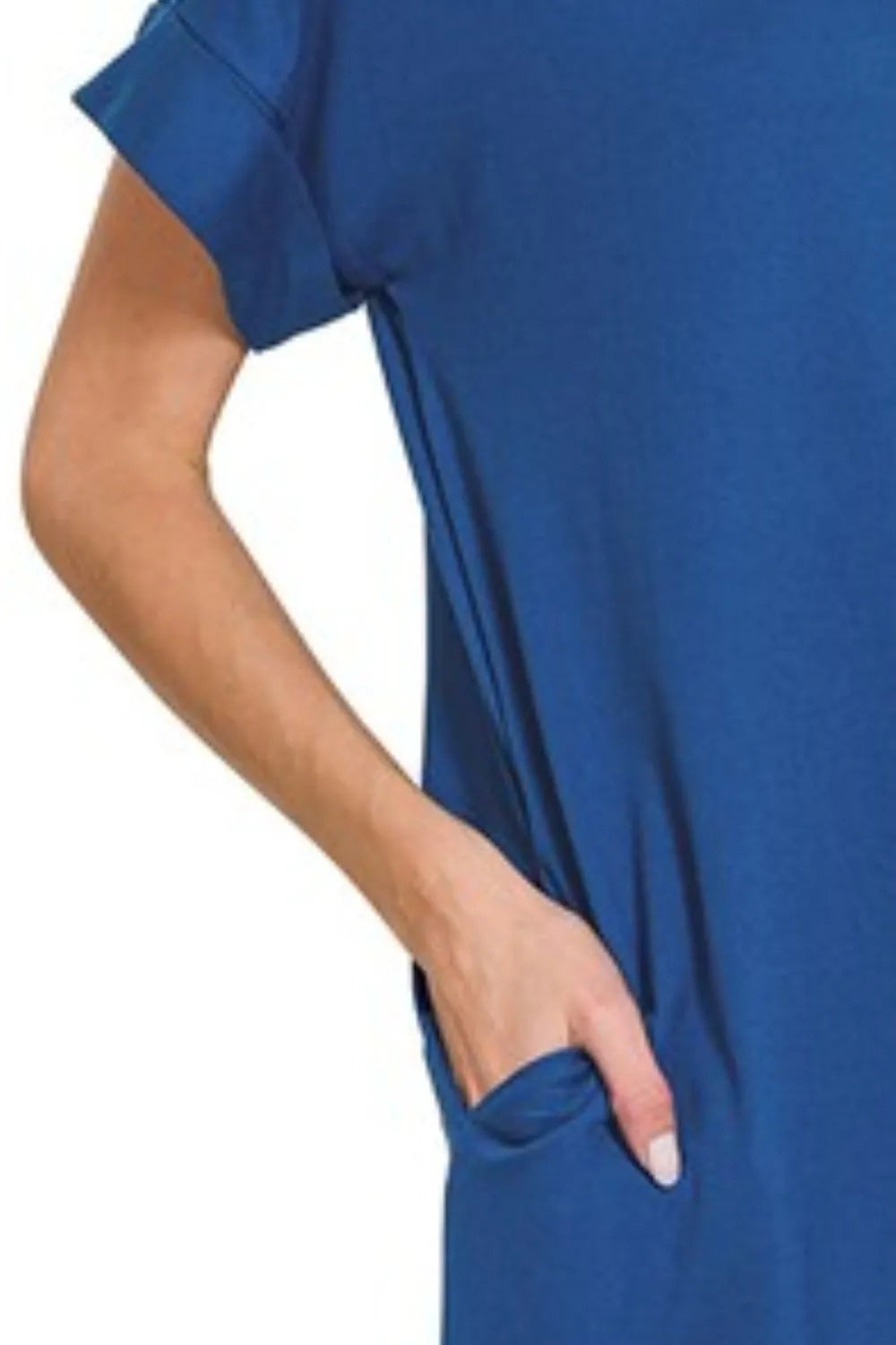 Rolled Short Sleeve Round Neck Dress - Lt Navy - product view 3