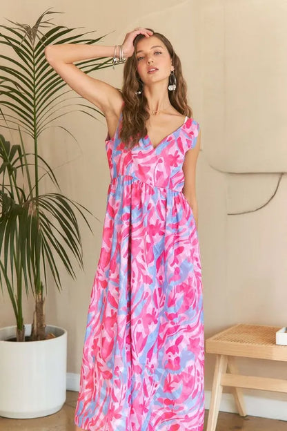 Abstract Floral V-Neck Maxi Dress in Pink Blush Combo - product view 3