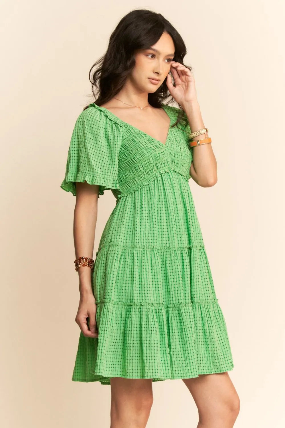 Jacquard Checker Smocking Tiered Dress - Ibiza Green - product view 6
