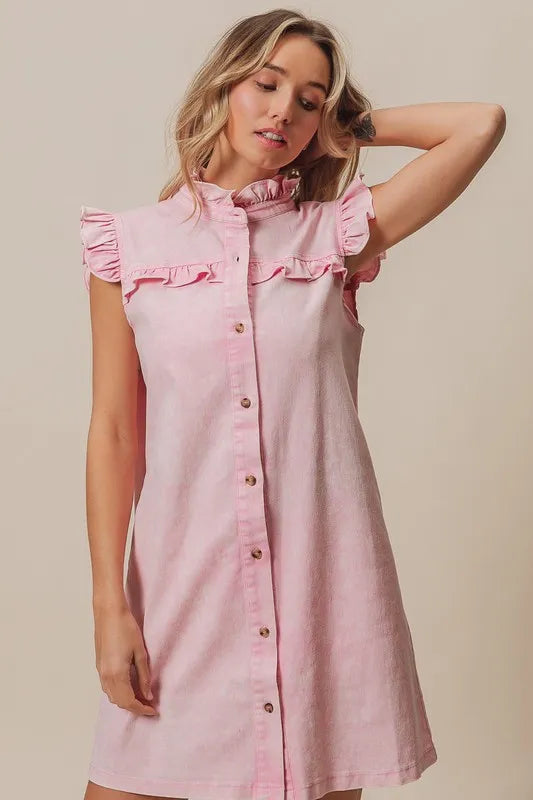 Washed Button Down Ruffled Cap Sleeve Denim Dress in Blush Pink - product view 2