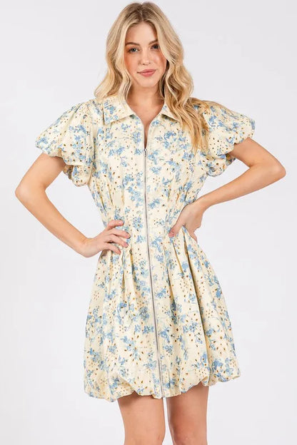 Floral Eyelet Zipper Front Puff Sleeve Mini Dress in Pastel Blue - product view 1