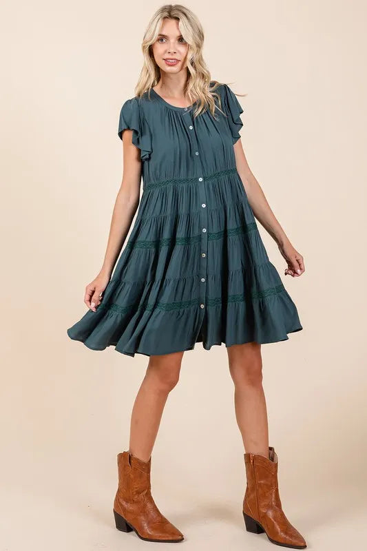 Lace Detail Ruffled Button Down Tiered Dress - Deep Teal - product view 6