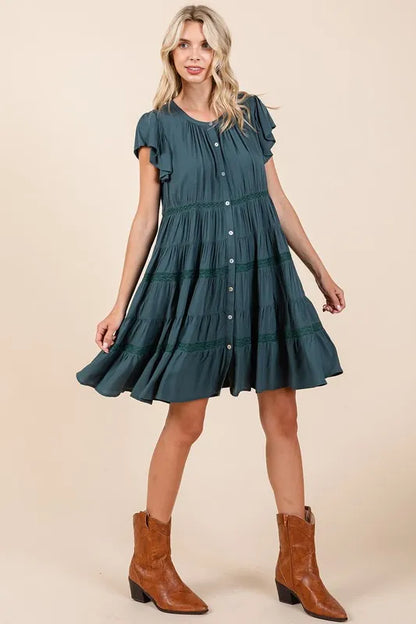 Lace Detail Ruffled Button Down Tiered Dress - Deep Teal - product view 6