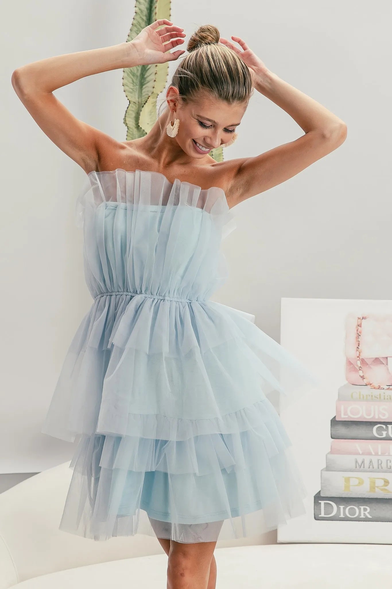 Sleeveless Layered Organza Dress in Sky Blue - product view 3