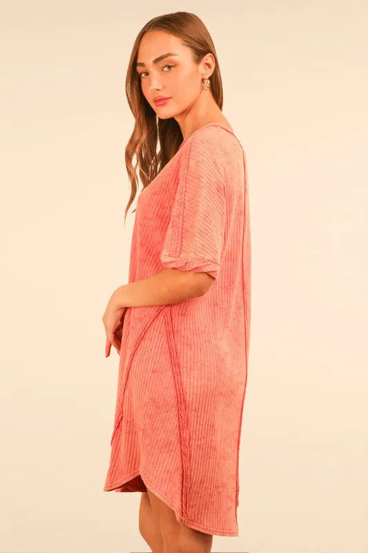 Plus Size Mineral Washed Ribbed Knit Mini Dress - Coral - product view 4