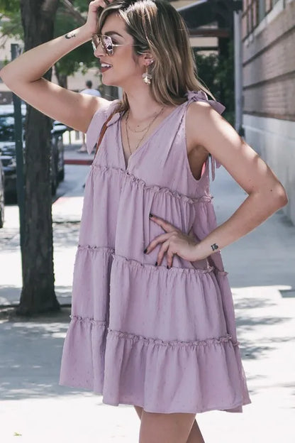 Polka Dot Textured Layered Flounce Ruffle Dress in Lavender - product view 4