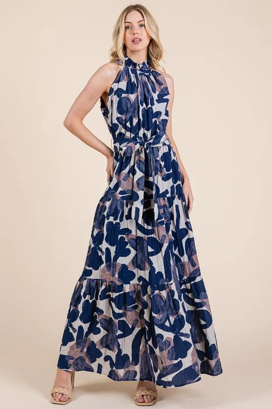 Abstract Halter Neck Tie-Waist Tiered Maxi Dress in Navy Combo - product view 1