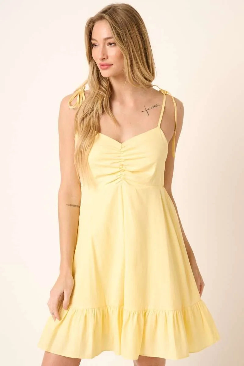 Ruched Detail Spaghetti Tie Mini Dress - Yellow - product view 1