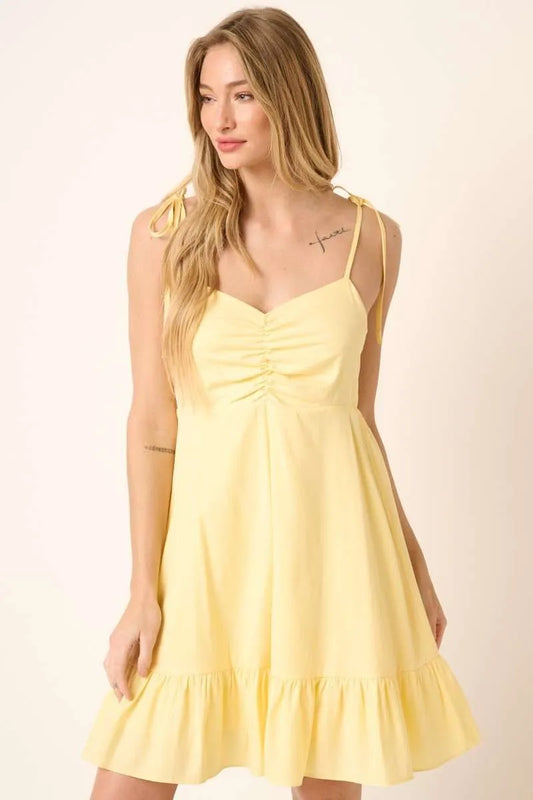 Ruched Detail Spaghetti Tie Mini Dress - Yellow - product view 1