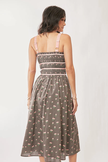 Contrast Velvet Tape Smocking Bodice Midi Dress in Mocha Brown - product view 10