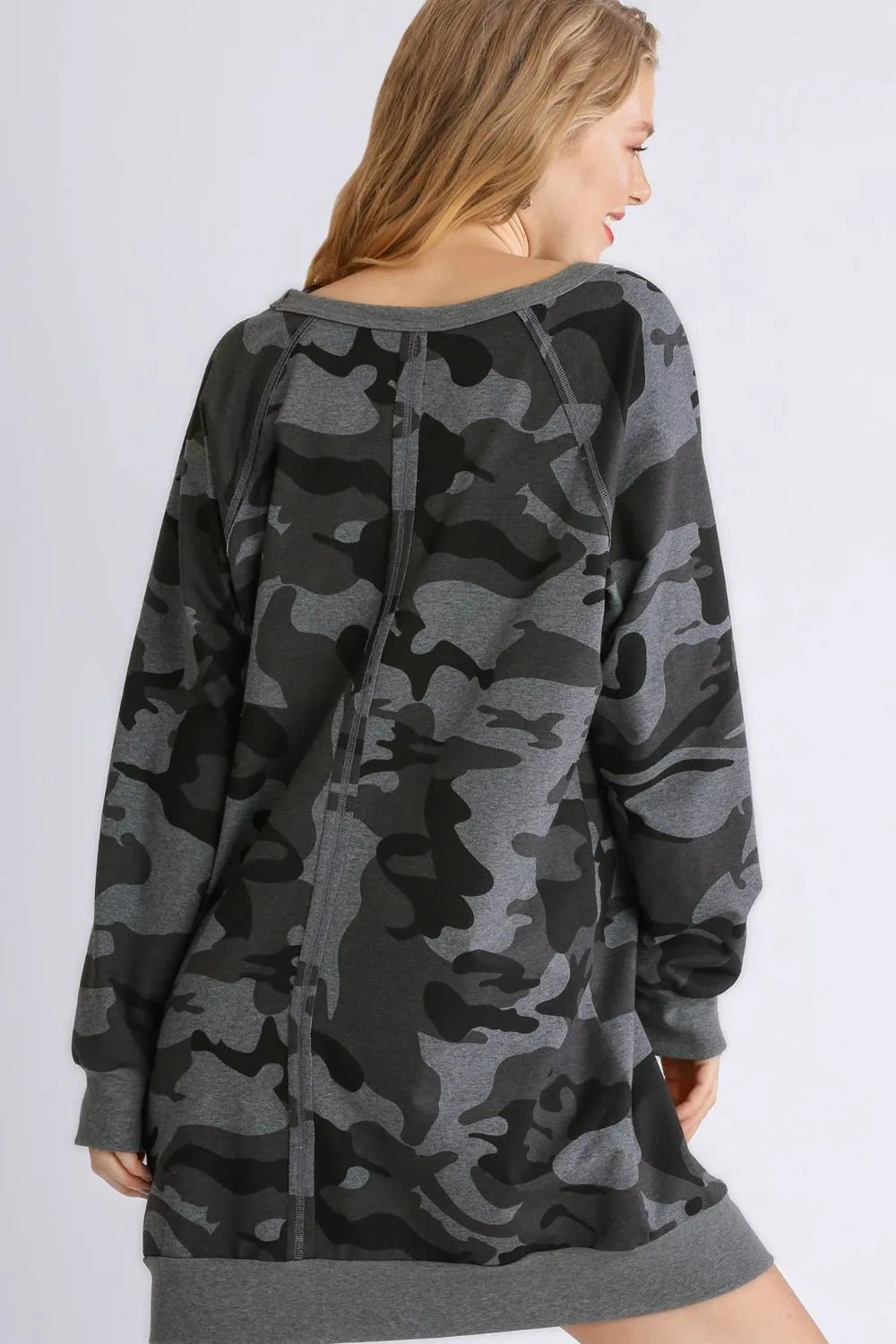 Full Size Camo Print Ribbed Hem French Terry Mini Dress Plus Size in Dark Gray - product view 3