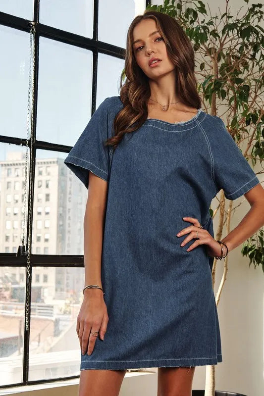 Raw Hem Mini Denim Dress with Pockets in Dark - product view 2