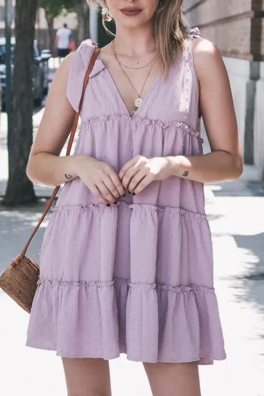 Polka Dot Textured Layered Flounce Ruffle Dress in Lavender - product view 1
