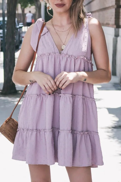 Polka Dot Textured Layered Flounce Ruffle Dress in Lavender - product view 1