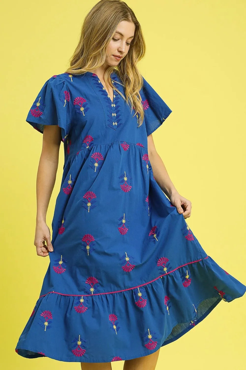 Embroidered Tiered Midi Dress in Dark Blue - product view 3