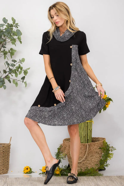 Full Size Decor Button Short Sleeve Dress with Pockets Plus Size in Black, Cinnamon and Sage - product view 3
