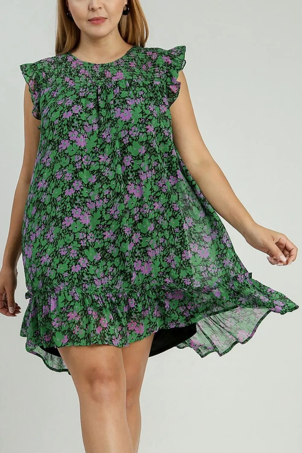 Full Size Smocked Detail Floral Metallic Ruffle Cap Sleeve Dress Plus Size - Dark Green - product view 4