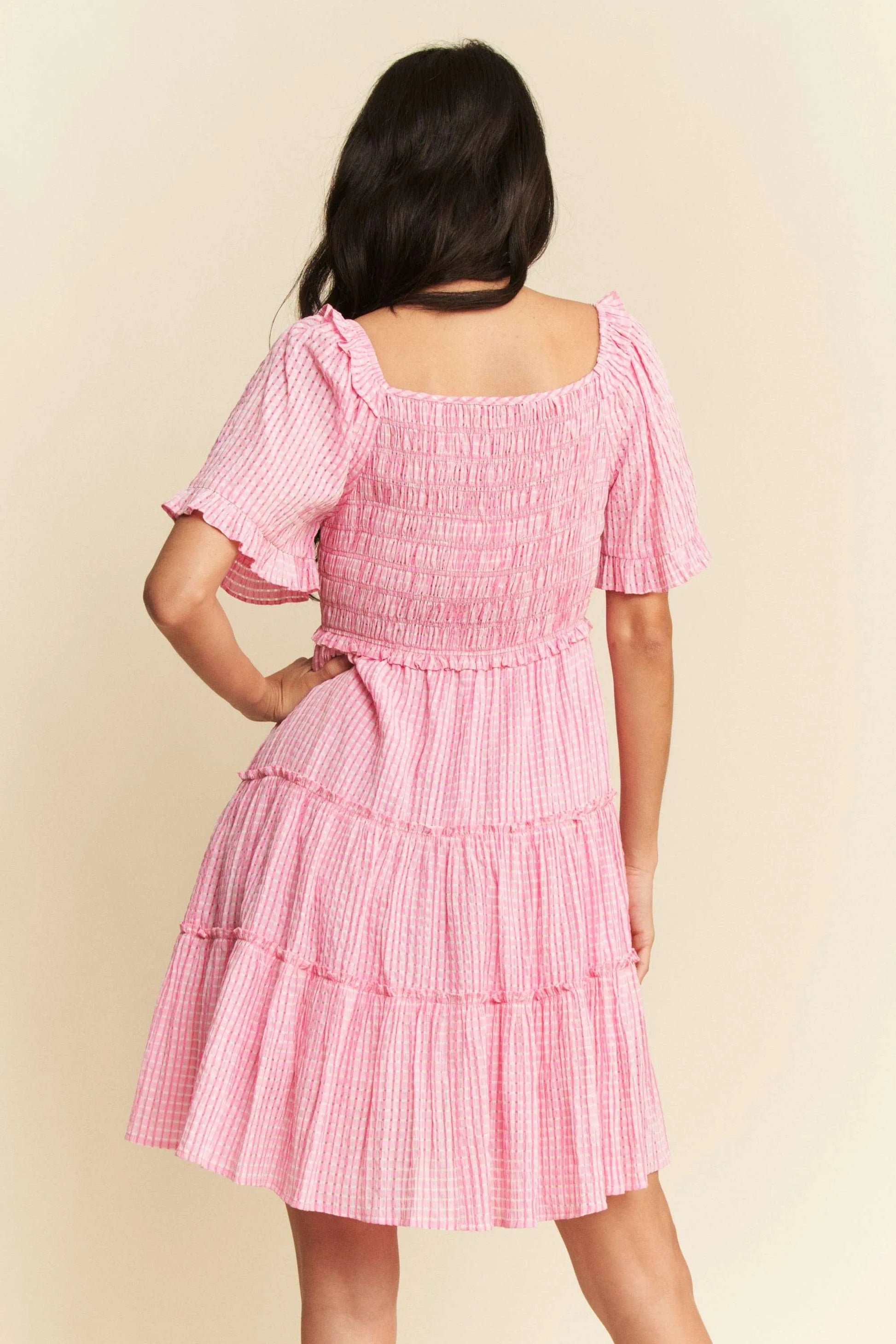 Jacquard Checker Smocking Tiered Dress - Barbie Pink - product view 4