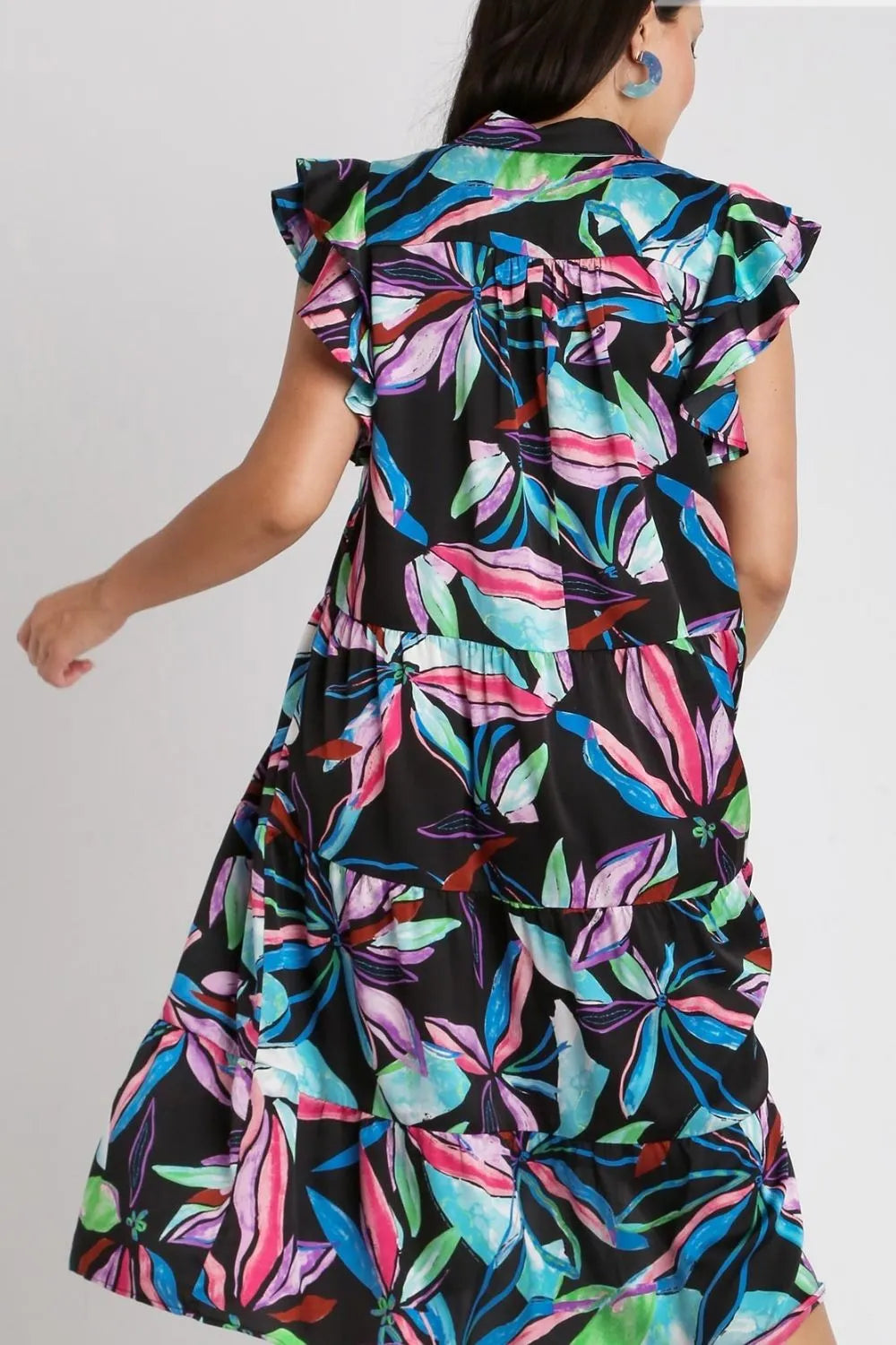 Full Size Leaf Print Double Layered Ruffle Sleeve Tiered Midi Dress Plus Size - Blackmix - product view 6
